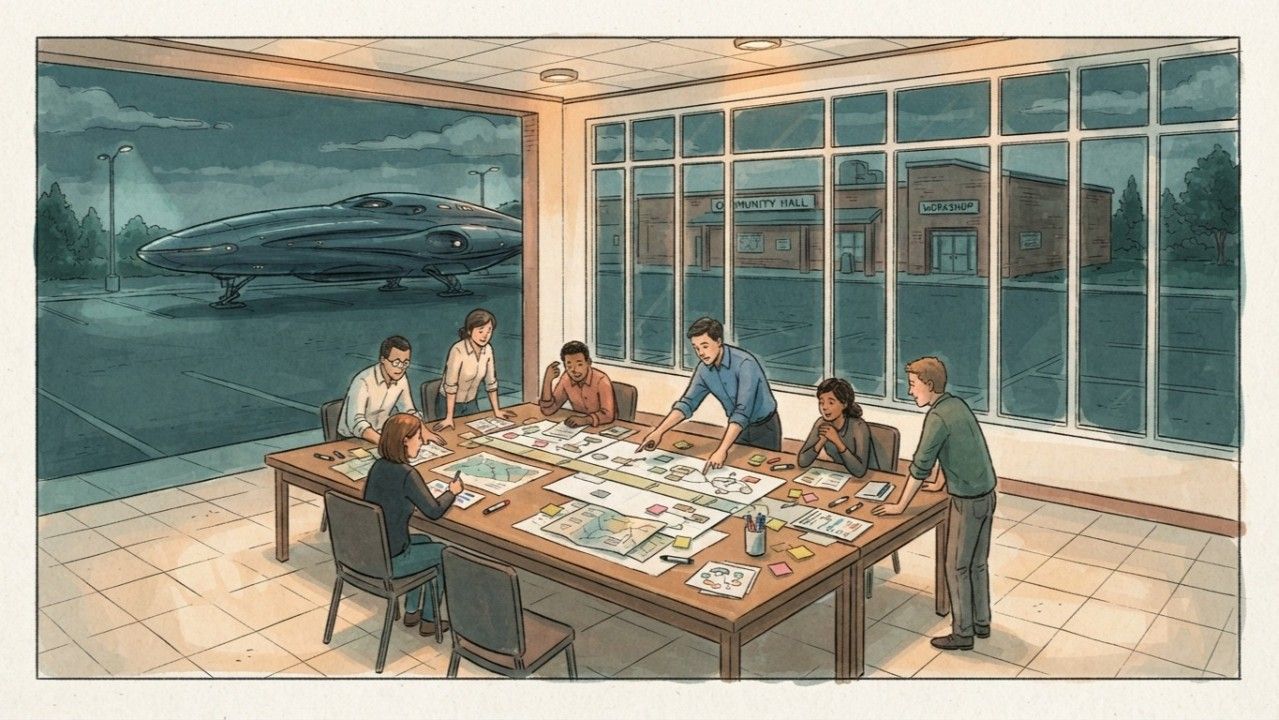 A team maps a workflow in sticky notes around a table in a community hall, while a sleek spaceship sits parked in the dark lot outside.